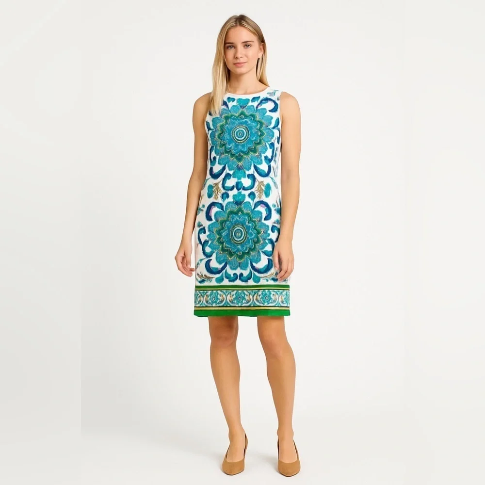 Maggy L Blue Green Paisley Print Shift Dress Size 8 | Bold Retro Boho Mod Look - Picture 1 of 9